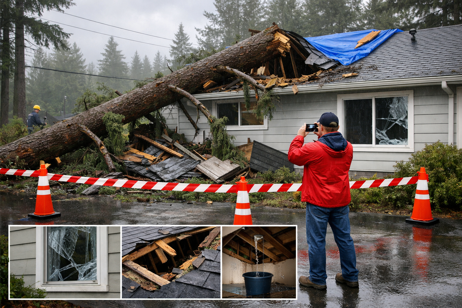 Illustrative homeowner safely photographs a tree-damaged roof from outside a Portland-area home before emergency protection begins.
